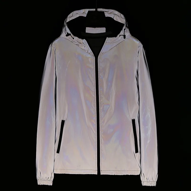 Reflektierende Nachtjacke für Herren, Frühling, Casual, Stehkragen, Outdoor, winddicht, Jogger, Fahrrad-Sicherheitsjacke, helle Mäntel, Hip-Hop-Streetwear