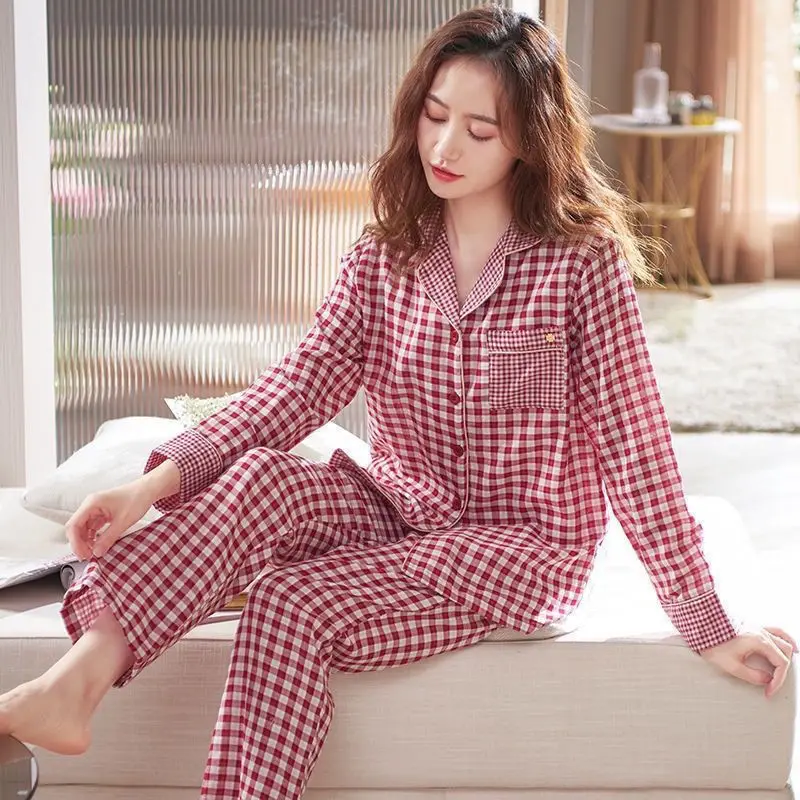 New Cotton Pajamas Women Spring Autumn High-grade Home Wear Round Neck Cardigan Checkered Long Sleeve Two-piece  nightgown 2024