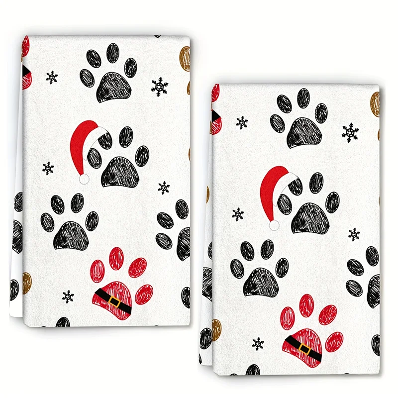 Home Cooking For Dogs - 2個、レッドクリスマスハット犬の足キッチンタオル、40cm*60cmタオルセット、超吸収性ソフトクリーニングクロス、クッキングベーキングティータオル、ハンドタオル、クリーニングクロス、ディッシュクロス、キッチンデコレーション、リビングルームデコレーション、キッチン必需品、家庭必需品