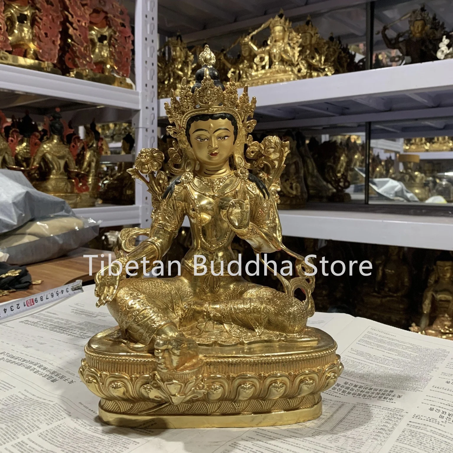 12 inch Seiko Tibetan Green Tara Pure Copper Gilded Buddha Statue Dedicated to Gods