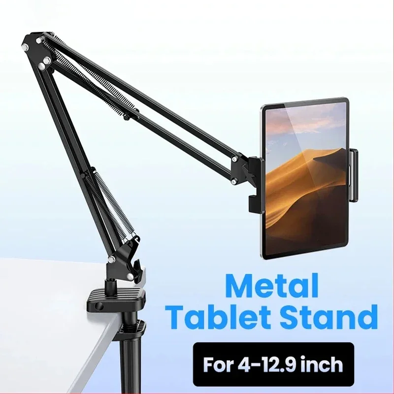 Tablet Stand Rotatable Phone Stand Long Arm Metal 180° Adjustable Holder For iPad Pro Mini Air Xiaomi Tablet Compatible 4-12.9”