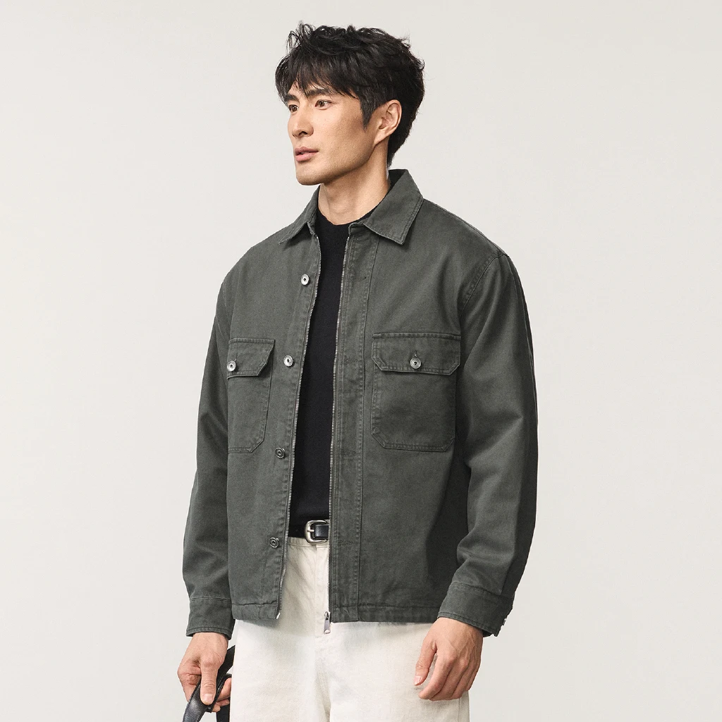 Harrington Jacket - ヴィンテージウォッシュドコットンデニムカーゴジャケット メンズ 春秋 ストリートウェア ルーズカジュアル ジッパーコート