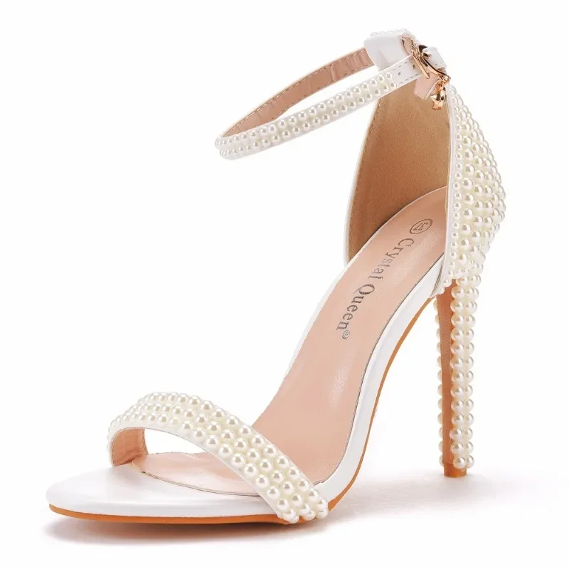 Wedding Party Sandals Women Pearl Decoration Buckle Strap 9.5CM Thin Heels Cover Heel Bridesmaid Women Shoes White Stiletto