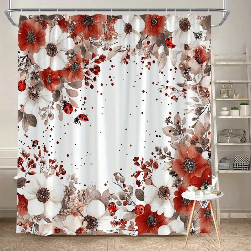 

1pc Red and white floral ladybug pattern shower curtain, polyester fabric, machine washable, suitable for bathroom decoration