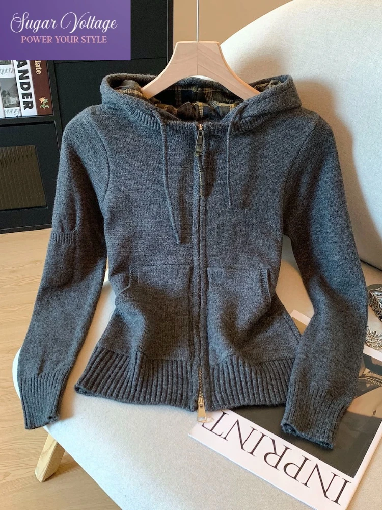 

Autumn Vintage Korean Fashion Knit Soft Sweater Women Slim Long Sleeve Double Zipper Hooded Tops Casual Retro Elegant Cardigan