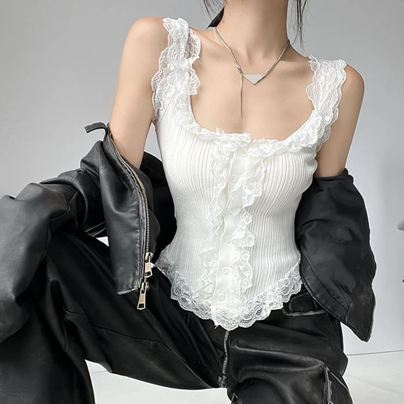 Seksowna Koronkowa Słodka Wąska Kamizelka Damska Letnia z Kwadratowym Dekoltem i Imitacją Guzików