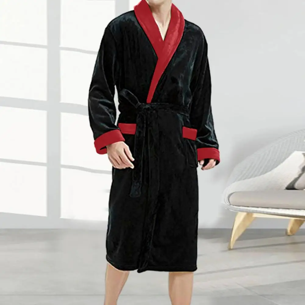 Unisex Bathrobe Men's Winter Plush Coral Fleece Nightgown with Tie Waist Pockets Cozy Homewear Robe for Great Water Absorption