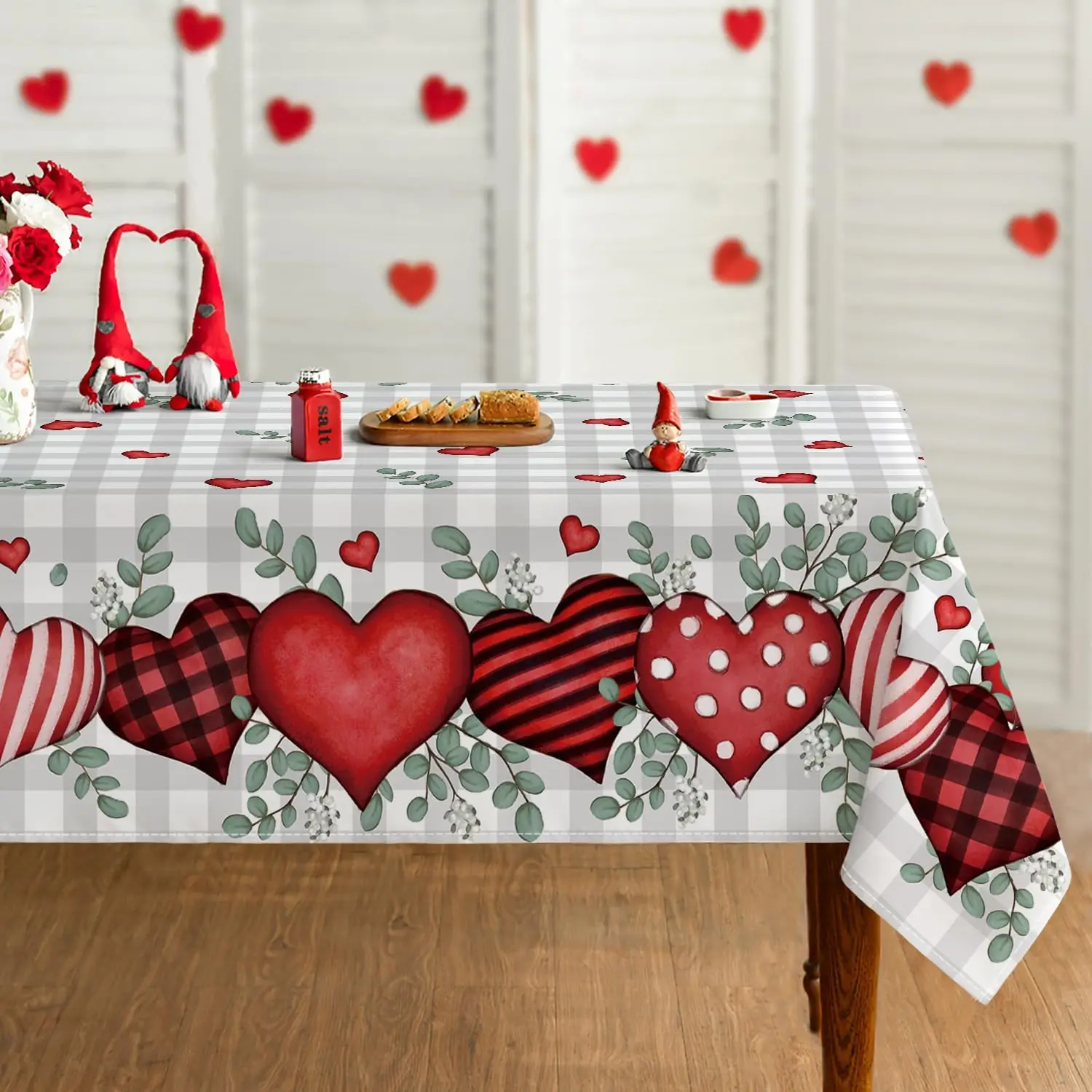 Valentine's Day Pink Love Hearts Buffalo Plaid Waterproof Tablecloth Party Decor Washable Kitchen Tablecloth Wedding Decorations