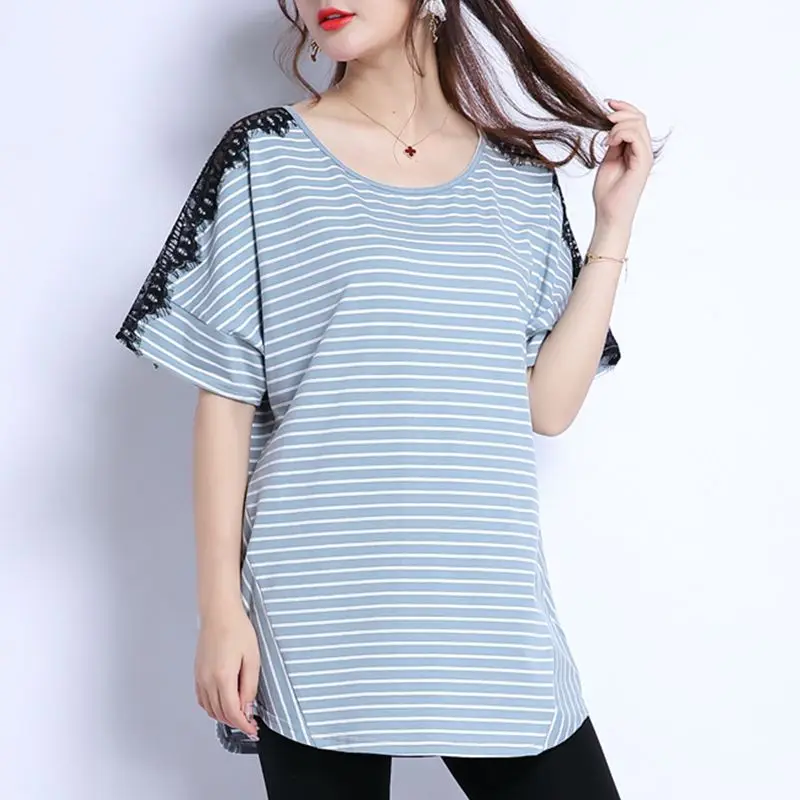 Vintage Lace Patchwork T Shirts Summer New Short Sleeve O-Neck Hollow Out All-match Striped Tops Casual Fashion Women Clothing