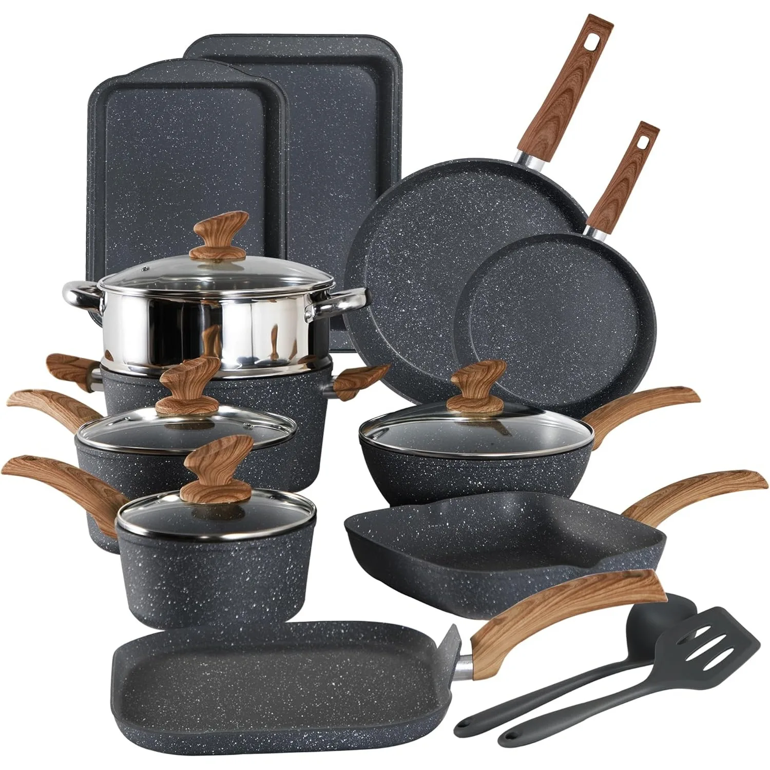 Induction Cookware Set-17 Piece Non-stick Cooking Pan Set, Granite Pots and Pans Set