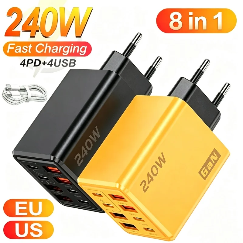Carregador de mesa USB C GaN 240W 8 em 1 com carregamento rápido, adaptador para celular com cabo tipo C para iPhone, Samsung, Xiaomi, com plugue EU/US/UK.