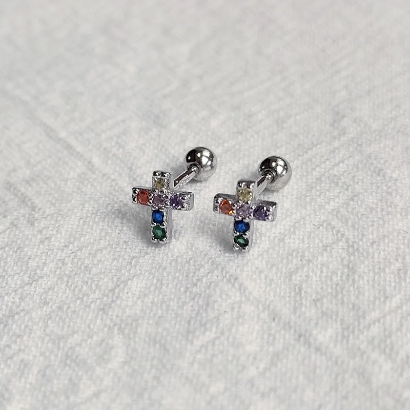 Sterling Silver Color Colorful Zircon Cross Ear-Sticks Women's Earrings Fashion Jewelry