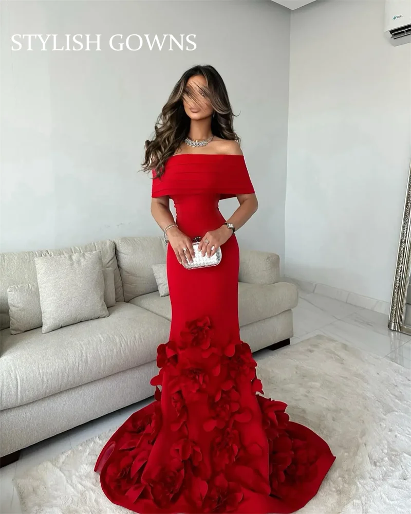 

Red Luxury Dubai Evening Dress Sexy Customized Prom Dresses 3D Flower Party Dress Court Train Floor-Length فساتين سهره