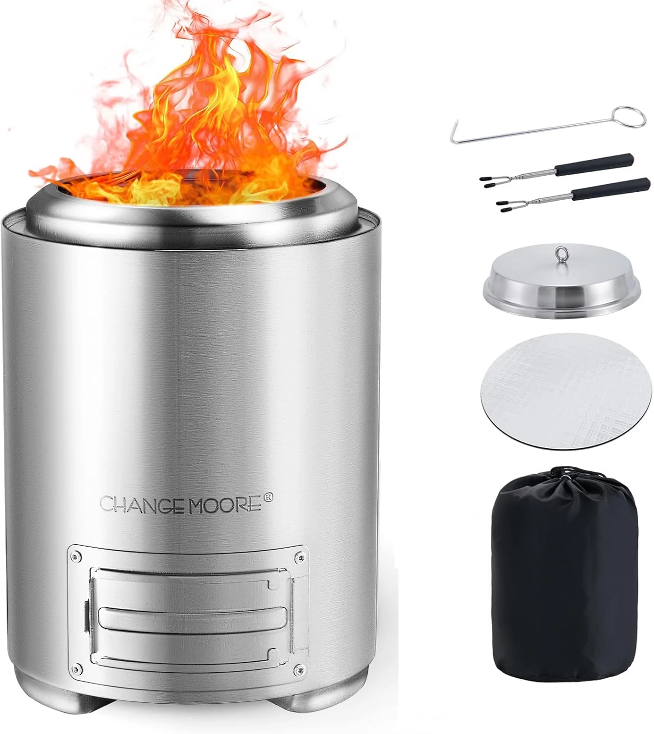 Brasero de table sans fumée CHANGE MOORE, en acier inoxydable, rond, alimenté au bois ou aux granulés, contrôle de l'intensité de la flamme, avec valve