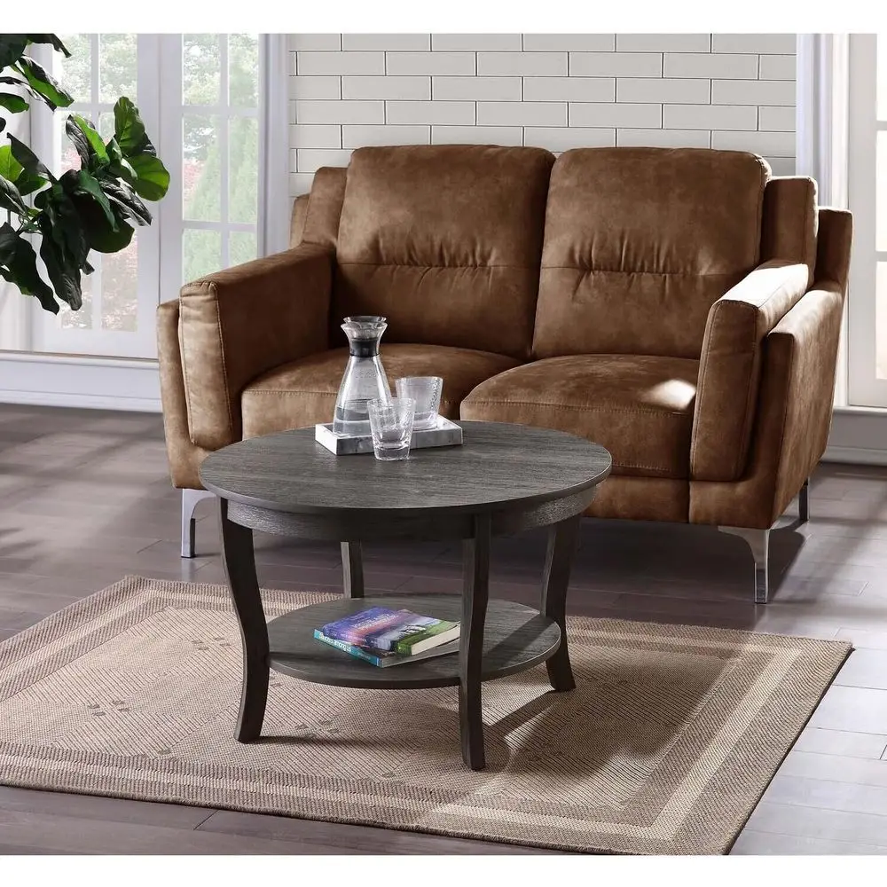 

Round Coffee Table with Two-tier Shelves, Classic Transitional Style, Wooden Finish, 30x30x18 Inches, Gray