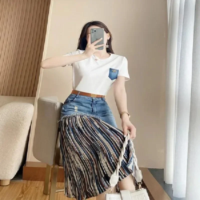 2 Pieces Sets for Women Denim Lightly Cooked Short Sleeve Skirt Formal Event Vintage Chic and Elegant New Matching Woman Outfit