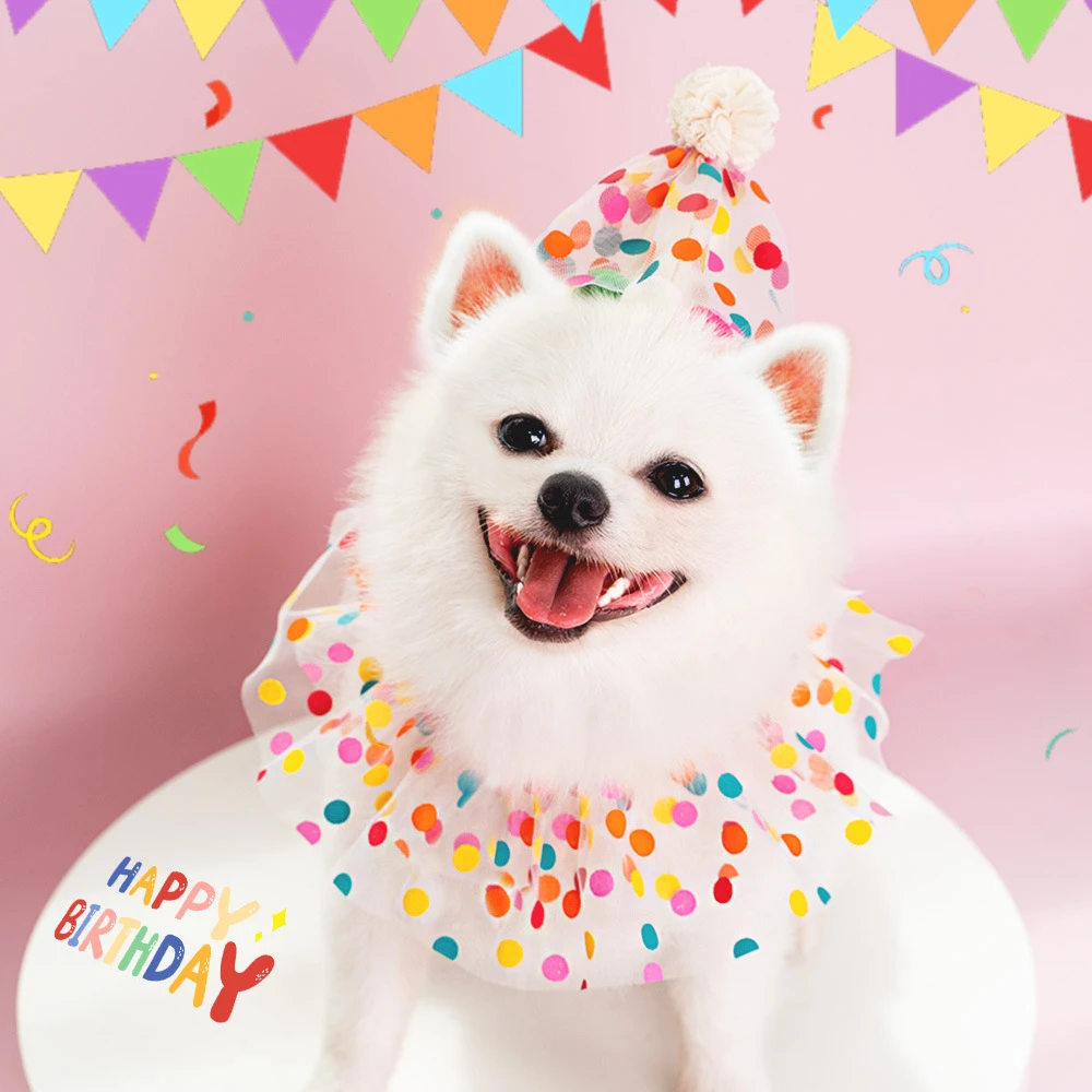 Pet Dog Birthday Party Dog Hat Candy Color Dot Lace Cat Bib Suit Cute Small Medium Dogs Costume Cap Pet Products Accessories