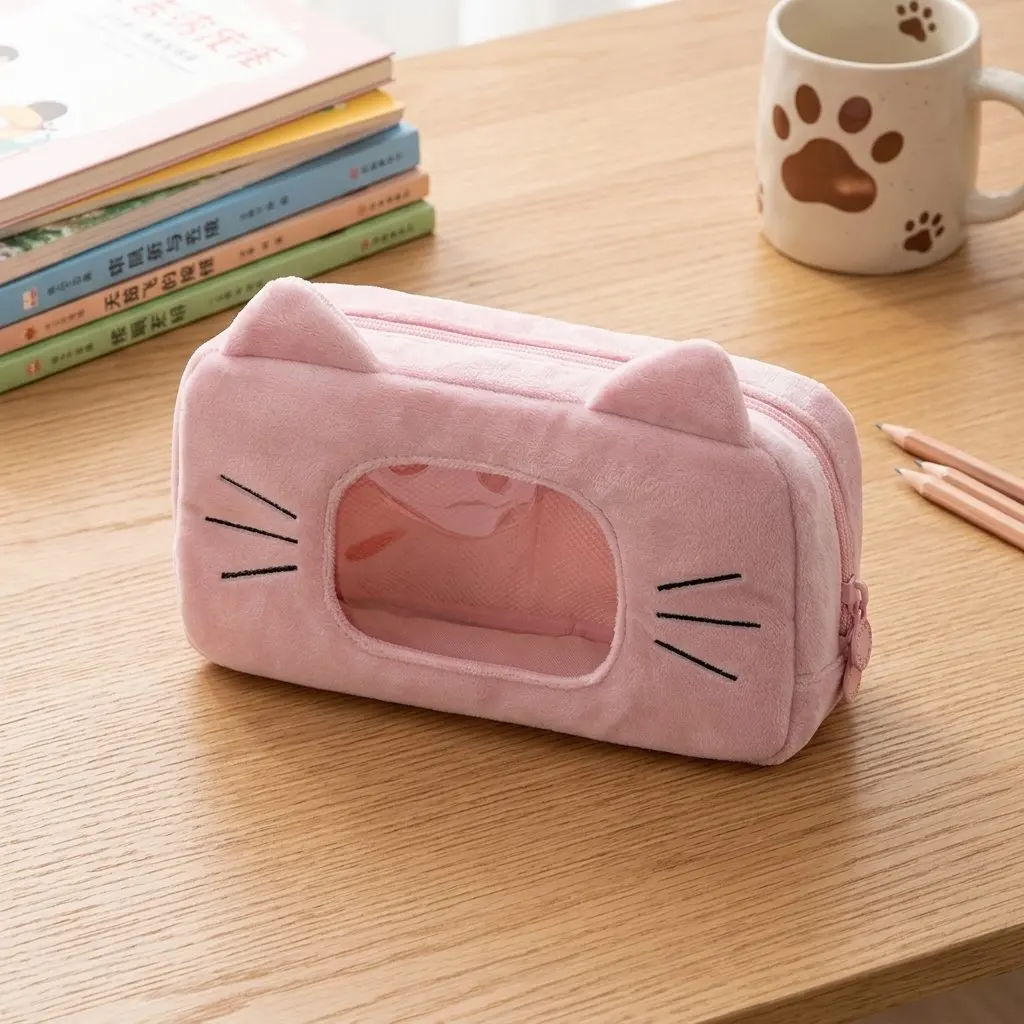 3D Cat Ear Transparent Pencil Case Large Capacity Waterproof PU Organizer Bag Clear Window for Middle School Students Pink