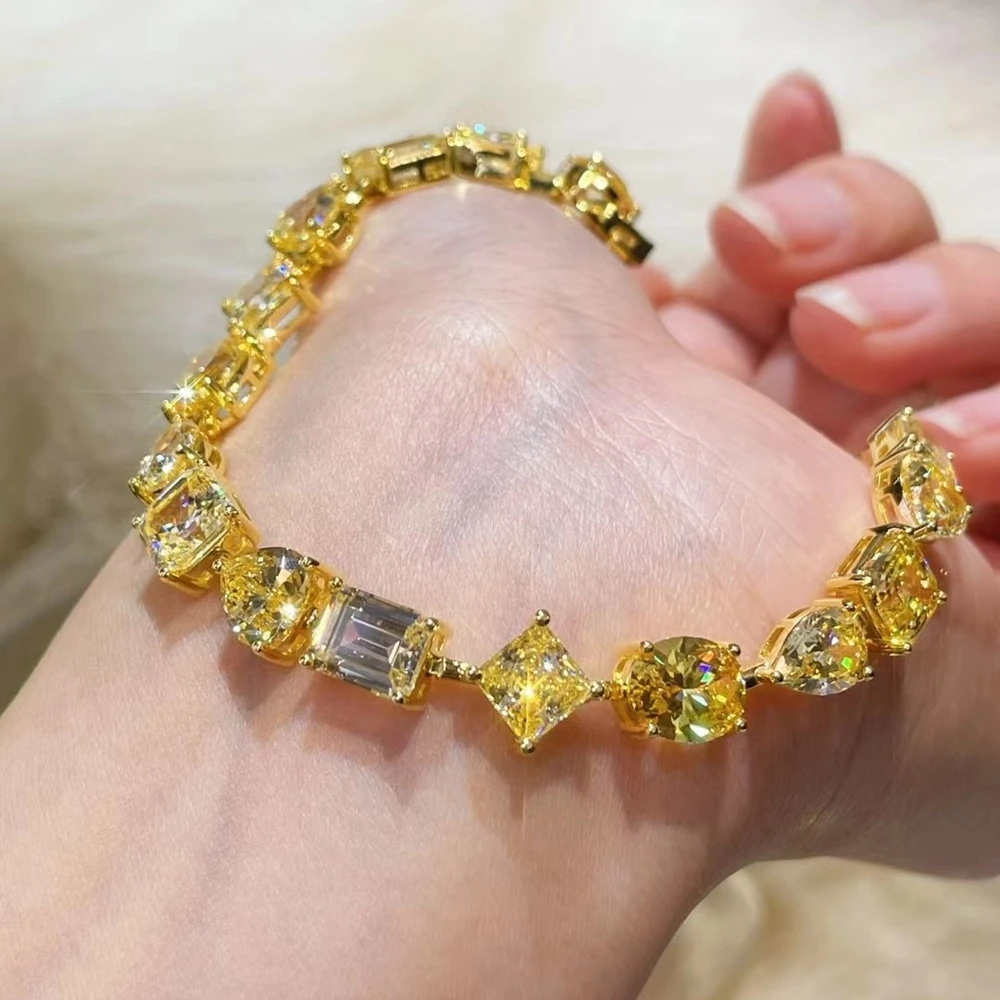 Wong Rain 18K Gold Plated 925 Sterling Silver Sparkling Irregular Citrine Gemstone Couple Bracelets Bangle Fine Jewelry Gifts