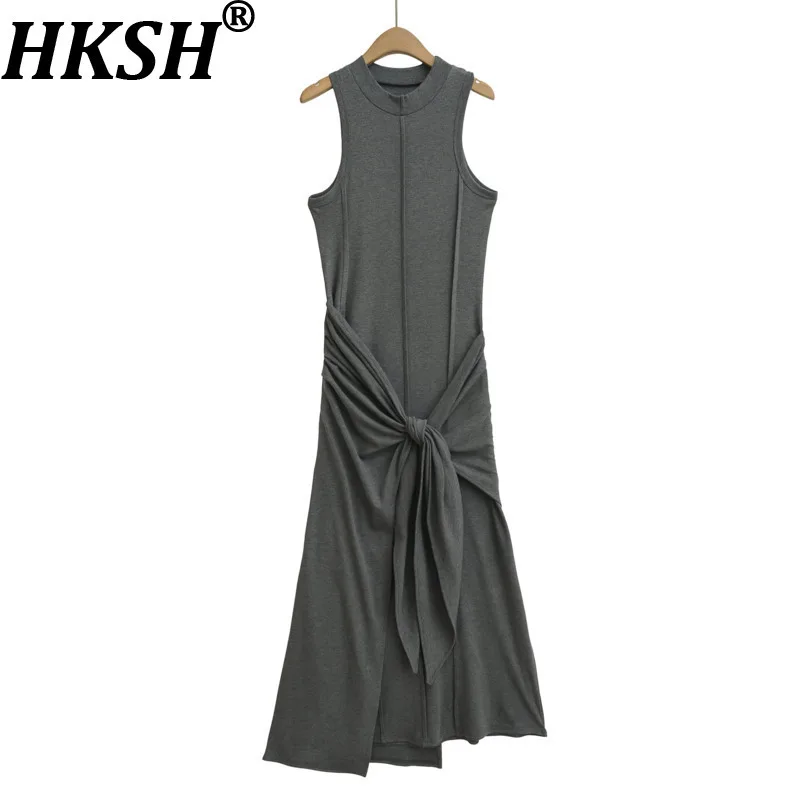 

HKSH Новое летнее женское элегантное французское модное повседневное длинное платье без рукавов с круглым вырезом и завязками на талии HK6453