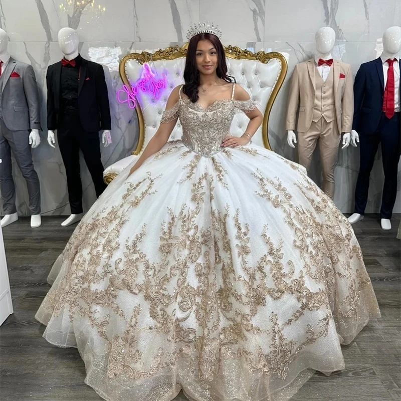 

Роскошное блестящее платье Quinceanera на тонких бретельках, женское золотистое платье, милое платье 16 дюймов, платья 15