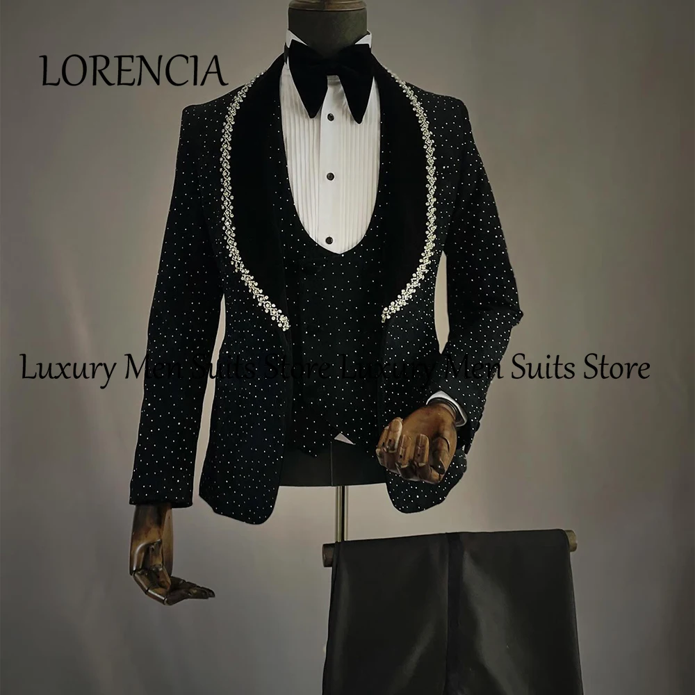 

Shiny Rhinestone Suits for Male 3 Pieces Shawl Collar Tuxedos Wedding Groom Outfits Customized Blazer Pants Vest zomerset heren
