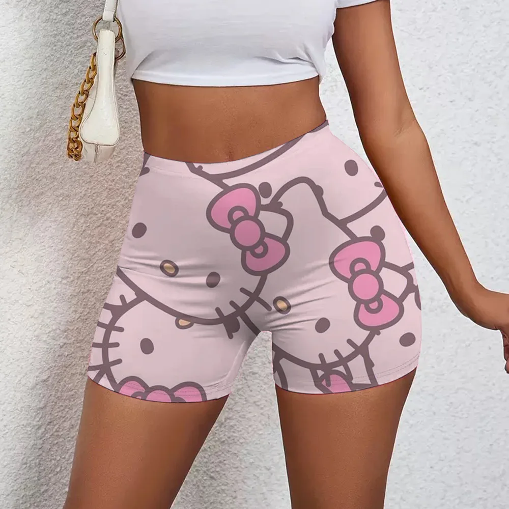 Kawaii Hello Kitty Damen-Shorts, hohe Taille, Yoga-Shorts, Laufen, Fitness-Hose, niedliche doppelseitige Drucke, Sport, Dreipunkt-Kt-Shorts