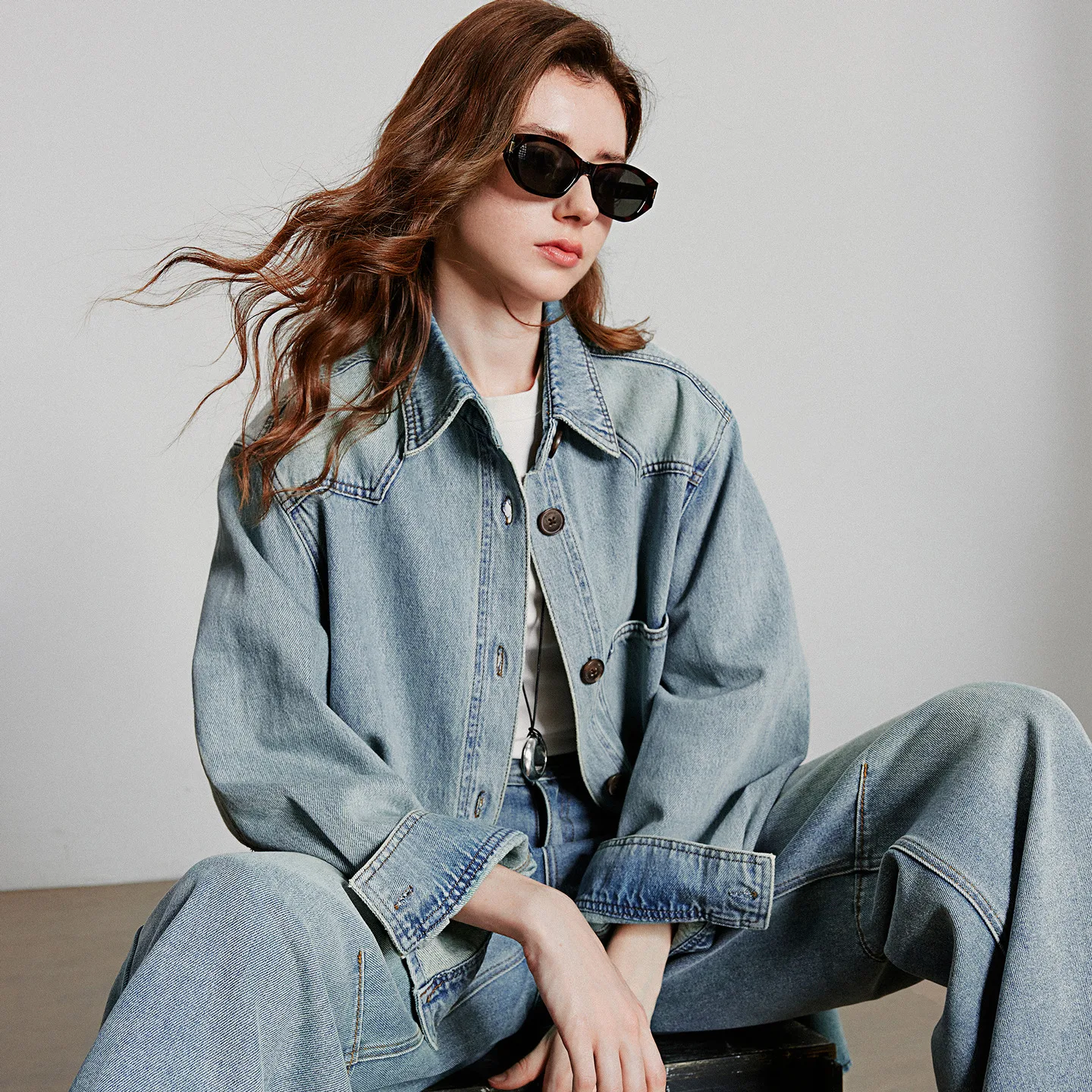 TOYOUTH Female Denim Jacket 2025 Autumn New Turn Down Collar Single Breasted Button Pure Cotton Medium Long Coat
