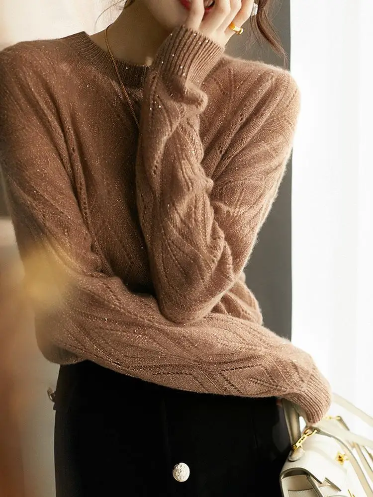 HLYO المرأة فضفاضة تناسب طويلة Sve محبوك سترة iny الترتر لي الجوف خارج تصميم مريح تنفس رداء علوي غير رسمي