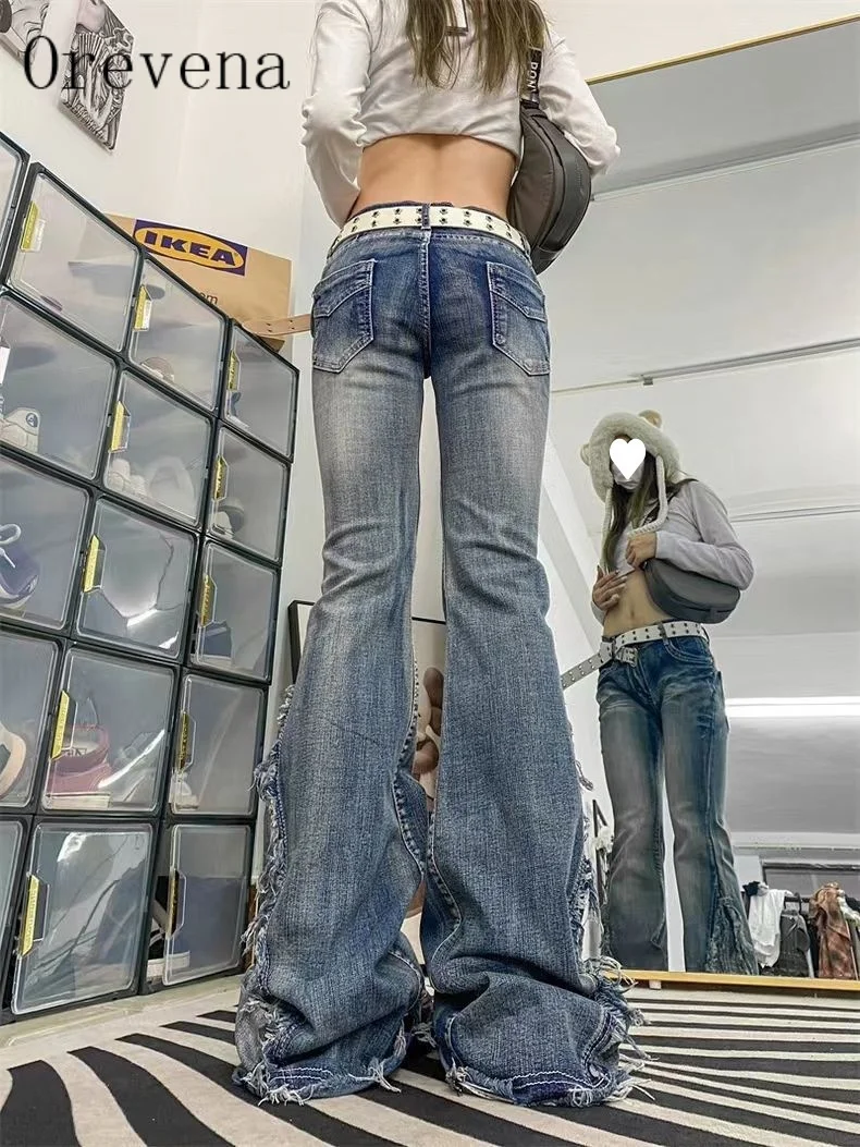 Women's Y2K Ripped Raw Hem Flared Jeans | Low Rise Distressed Denim Pants with Frayed Details for Sexy Halloween Party Outfit