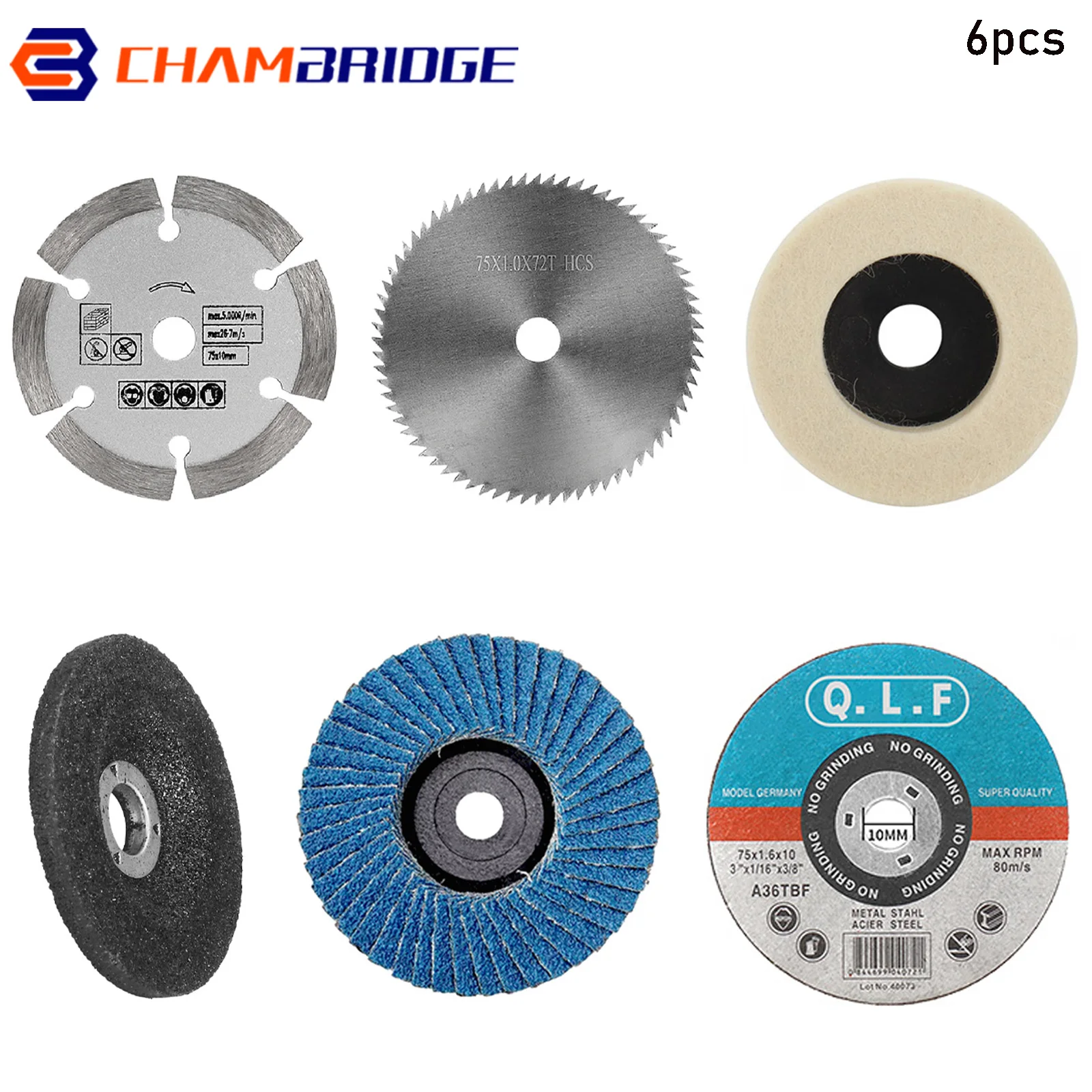 6pcs/Set 75mm Metal Cutting Disc Mini Circular Saw Blade Wool Grinding Wheel for Metal Woodworking Stone Polishing Cutting