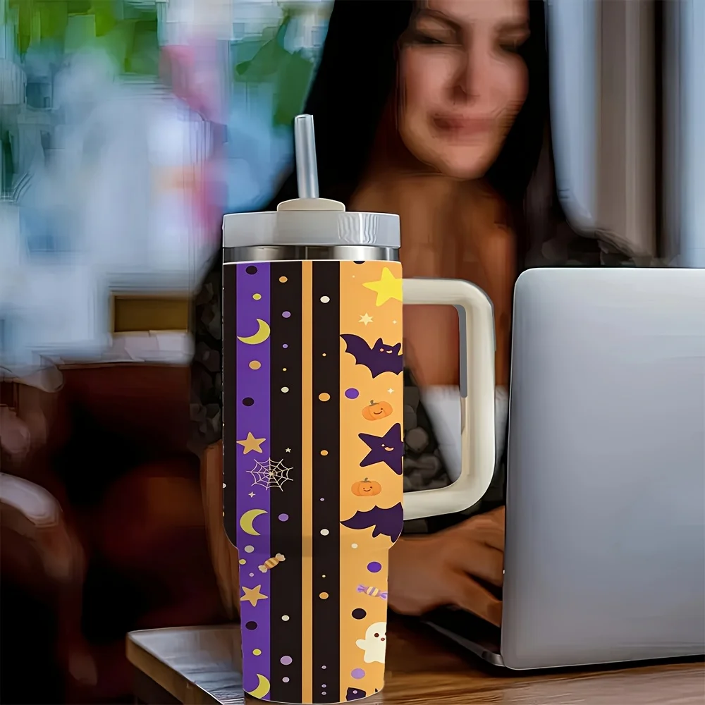 1ps Halloween and Christmas 40oz Stainless Steel Tumbler with Handle and Straw Lid, Spooky Bat Star Moon Pumpkin Print Water Cup, Leakproof Travel Tumbler for Home Office Outdoor Camping Holiday Party Daily Drinking Use