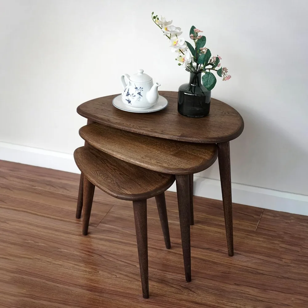 Solid Nesting Table Set of 3- Oak Mid Century Pebble Tables with Tapered Legs – Wooden Home Furniture in a Retro Style - Oak