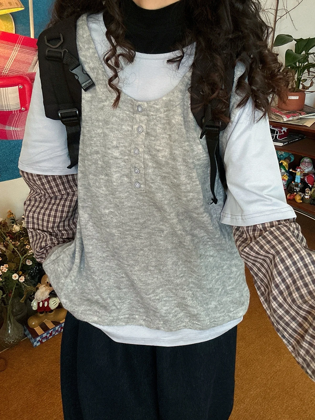 

Американский ретро-свитшот в клетку с эффектом двухслойности, женская свободная футболка с асимметричным длинным рукавом и круглым вырезом