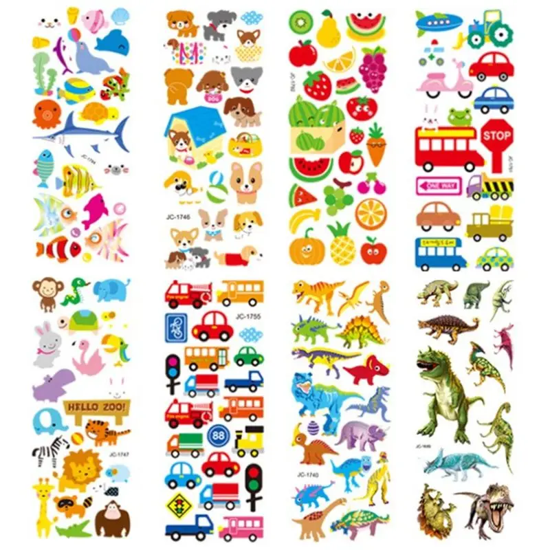 Cartoon 3D Sticker 20Sheets Eco-Friendly Education Reusable Sticker Self-Adhesive Kids Room Stationery Decoration DXAF