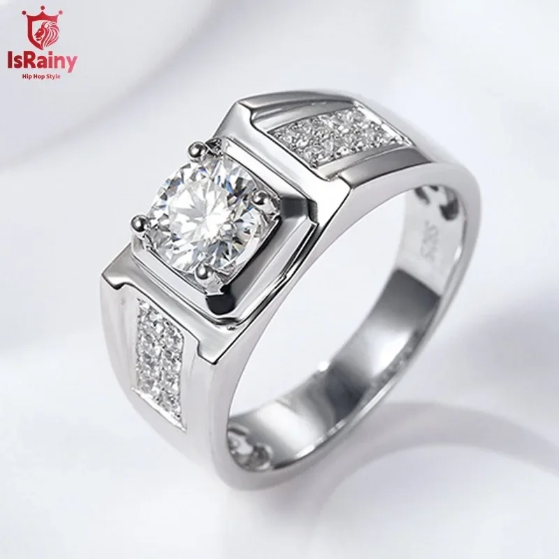 

IsRainy Luxury 6.5MM Round Cut D Color Moissanite Solid S925 Silver Ring GRA Certified Diamond For Men Wedding Band Fine Jewelry