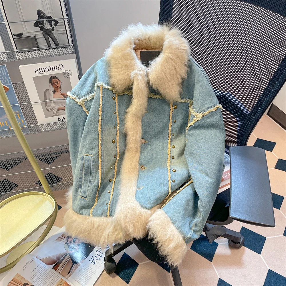 

Зимнее термоджинсовое лоскутное пальто с отложным воротником и заклепками, однобортная женская верхняя одежда, джинсовые куртки с длинными рукавами