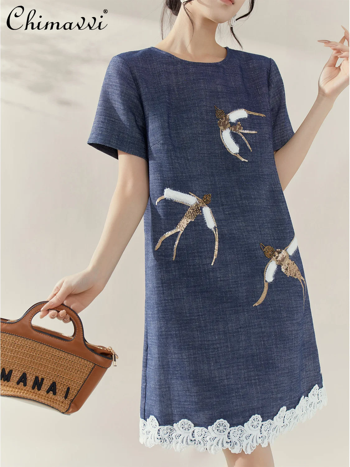 

French Elegant Socialite Embroidered Sequin Lace Splicing Round Neck Short Sleeve Loose A-line Vintage Dress Women Summer 2025