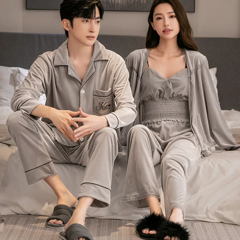 

Couple Velour Pajamas Sleepwear Set Autumn Winter Female Male Nightwear Velvet Trouser Suits Pyjama Loose Homewear