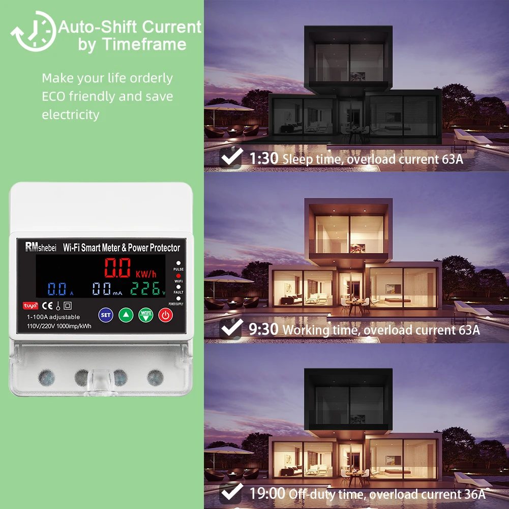 RMshebei Tuya Electric Consumption Wifi Smart Circuit Breaker Meter Energy Meter 220 Volt Wattmeter Voltage Relay Smart Life