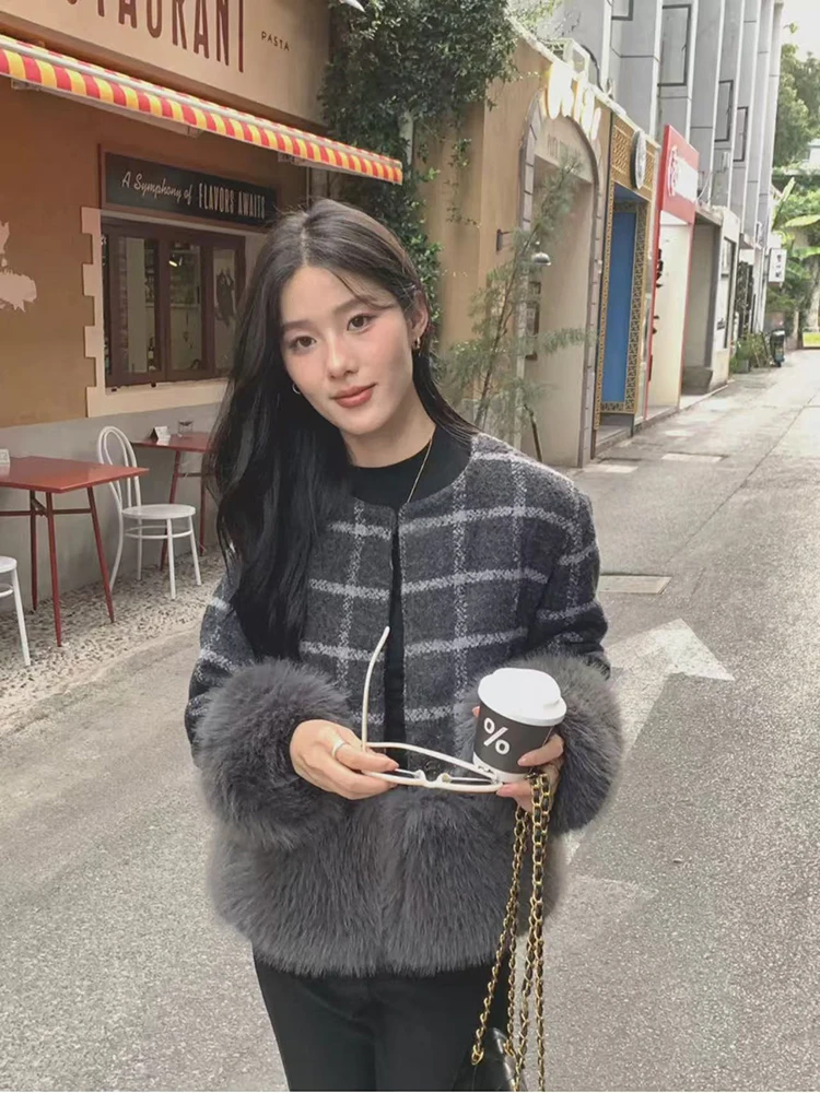 خمر منقوشة المرقعة سترة متماسكة المرأة الكورية شيك الفراء الاصطناعي خياطة سترات Y2K شتاء دافئ واحدة الصدر معاطف