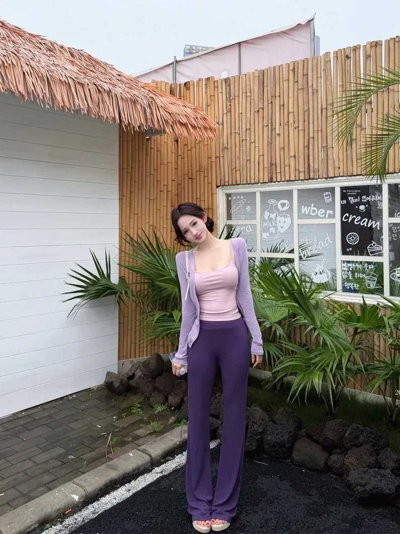 

Kumikumi Spicy Girl Style Long Sleeve Open Cardigan Women's Layering Tank Top Summer Straight Casual Pants Three-piece Set