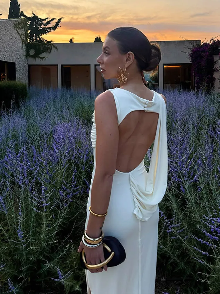 Elegante Solide Plissee Slim Fit Lange Vestido Frauen Ärmellose Rundhals Off Schulter Hohe Taille Kleider Weibliche Party Abendessen Tragen