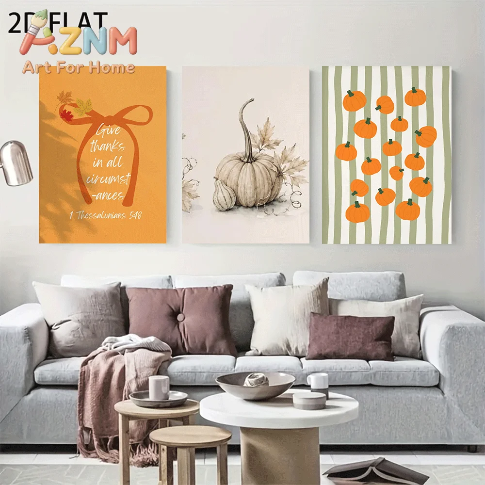 AZNM Frameless Canvas Wall Art, Fall Bible Verse Print, White Pumpkin Watercolor Striped Pumpkin Pattern Art Poster for Thanksgi