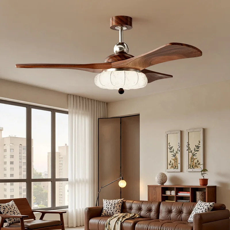 Fan light Solid wood dining room chandelier Living room chandelier, annual fabric full spectrum eye protection electric fan ligh