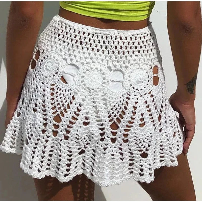 Jupe de plage sexy crochet fait main pour femmes, jupe courte à pampilles tressées creuses, bikini de maillot de bain à la mode, document solide,