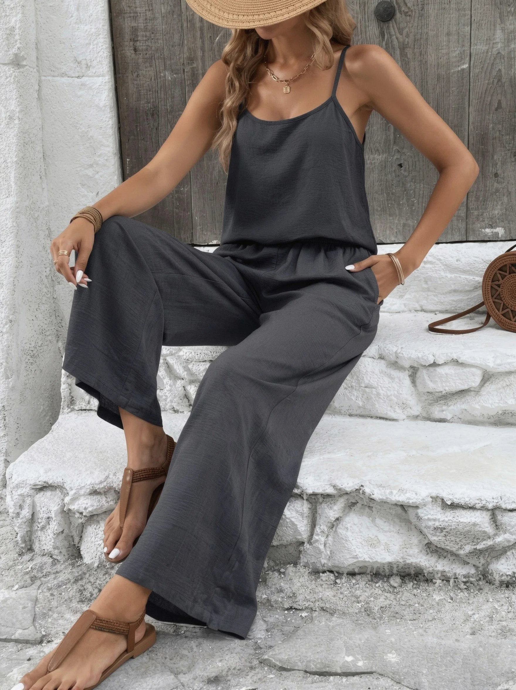

Ladies Grey Casual Outfit Wide Leg Pants Tank Top Two Piece Set Simple Casual Style Suitable for Vacation And Daily Wear