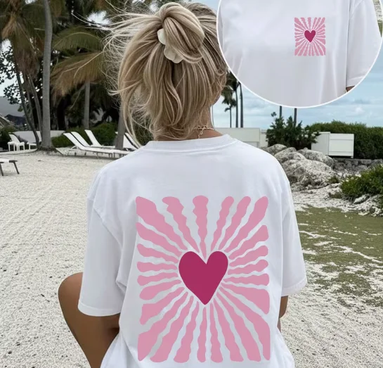 Camiseta de verano con cuello redondo y estampado de líneas en forma de corazón de color rosa, adecuada para primavera y verano, tops de moda
