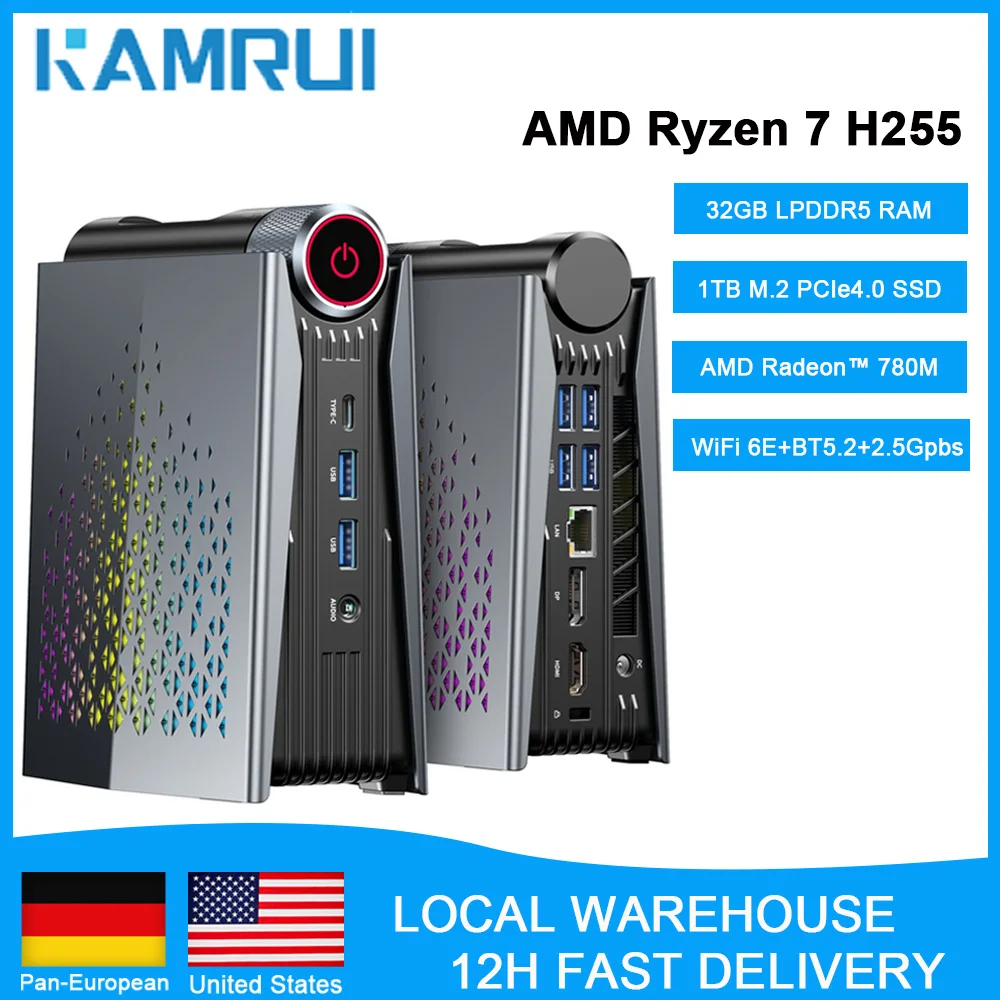 Mini PC para Juegos KAMRUI, AMD Ryzen7 H255, 32GB LPDDR5, 1TB M.2 NVMe PCIe4.0 SSD, Wifi6E, BT5.2, 2.5GLAN, Radeon 780M, 8K, Computadora de Escritorio