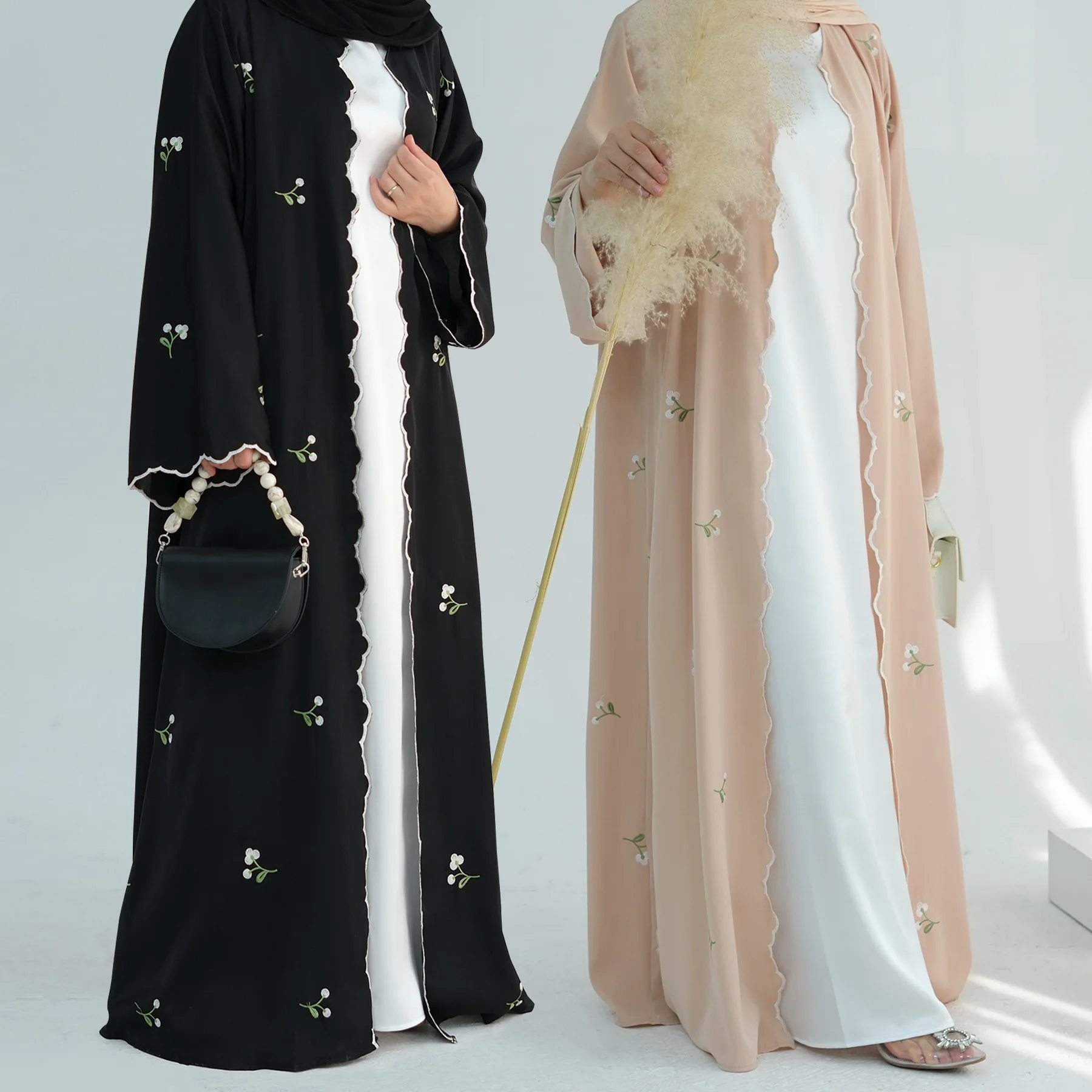 En gros nouvelle mode Nida Dubai Abaya dames Floral brodé Kimono Style robe musulmane respirant coton automne vêtements